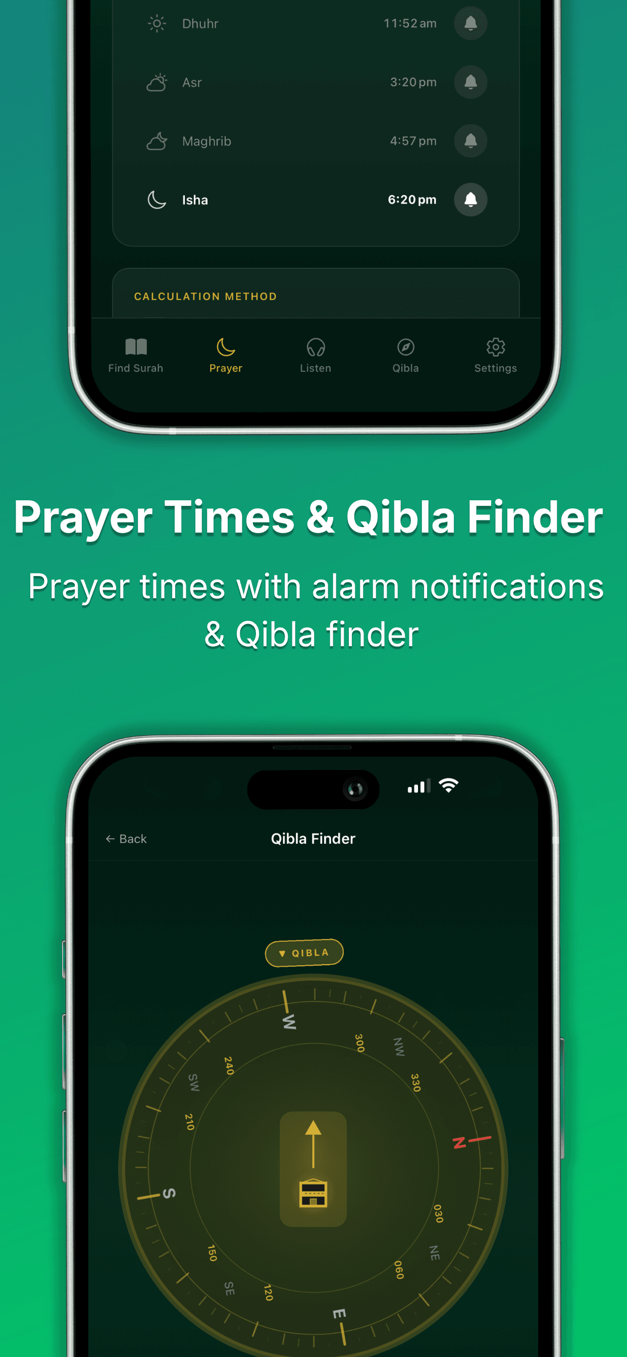 Aqala showing prayer times with alarm notifications and the Qibla finder
